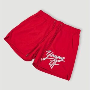 YoungLA 104 Legacy Shorts Mens XL 3.5" Inseam Red Script Logo Athletic Workout